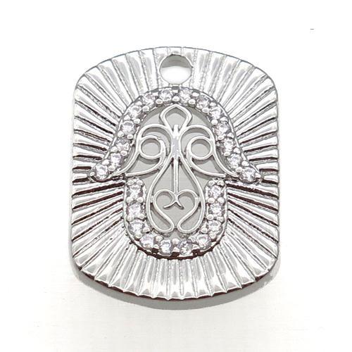 copper Hamsahand pendant paved zircon, platinum plated