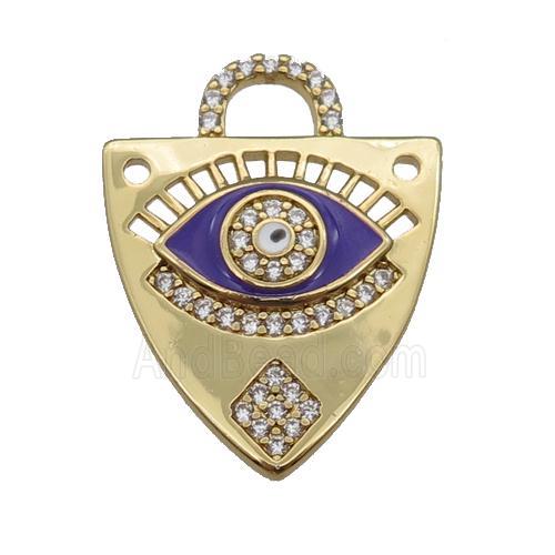 copper shield pendant paved zircon with purple enamel Eye, gold plated