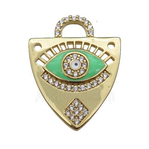copper shield pendant paved zircon with green enamel Eye, gold plated