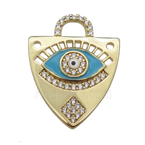 copper shield pendant paved zircon with lt.blue enamel Eye, gold plated