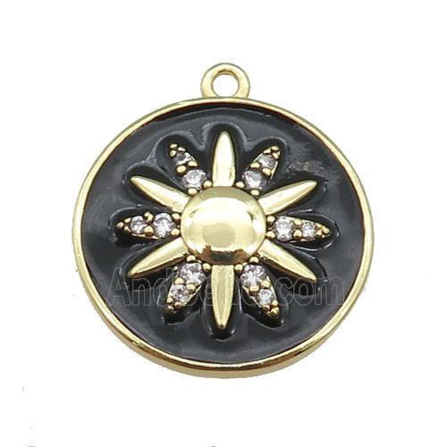 copper circle pendant paved zircon with black enamel sunflower, gold plated