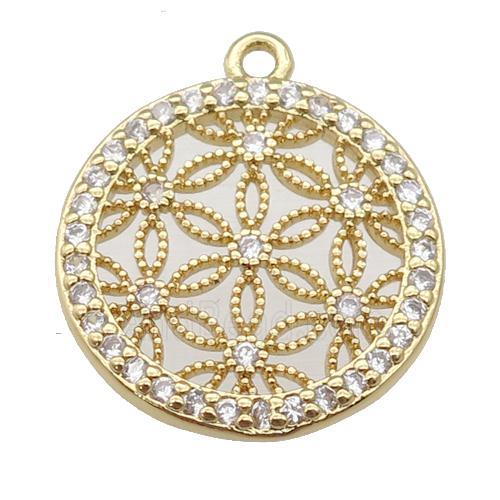 copper circle pendant paved zircon, flower of life, gold plated