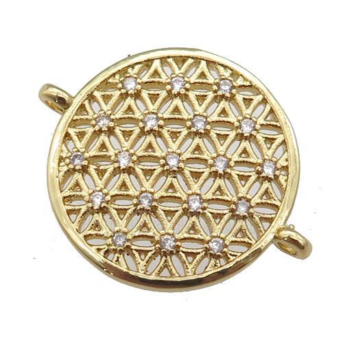 copper circle connector paved zircon, flower of life, gold plated