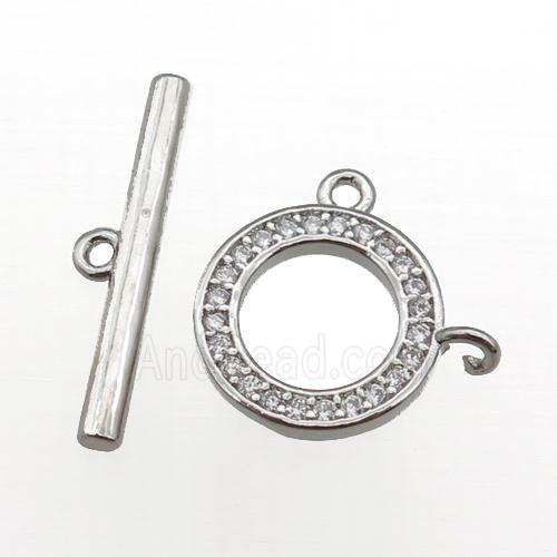 copper Toggle Clasp paved zircon, circle, platinum plated