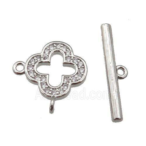 copper Toggle Clasp paved zircon, clover, platinum plated