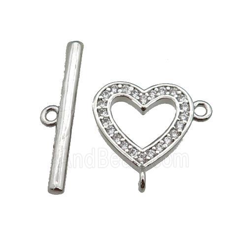 copper Toggle Clasp paved zircon, heart, platinum plated