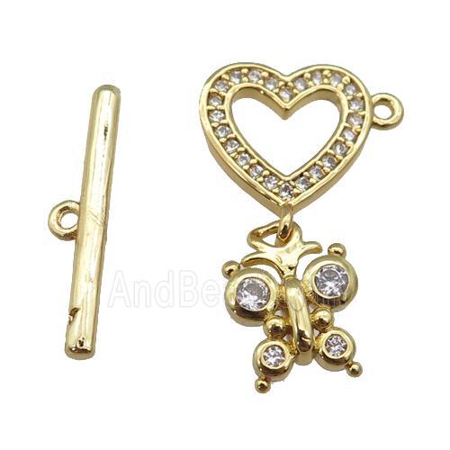 copper Toggle Clasp paved zircon, heart, gold plated