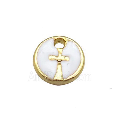 copper cross pendant with white enamel, circle, gold plated