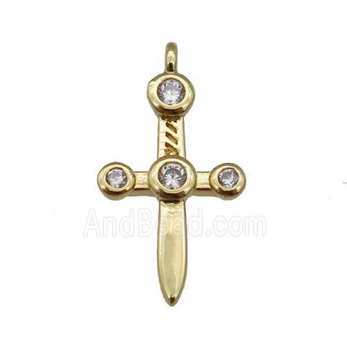 copper sword pendant paved zircon, gold plated