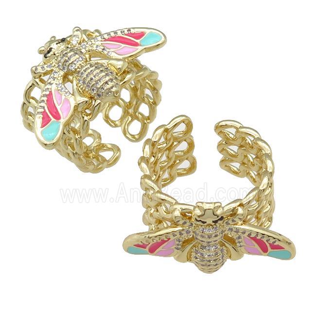 copper Ring paved zircon with enamel honeybee, gold plated