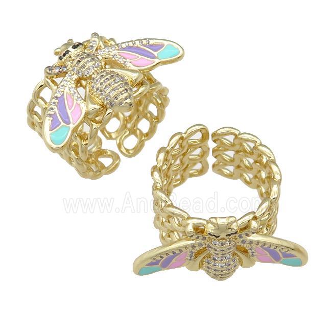 copper Ring paved zircon with enamel honeybee, gold plated