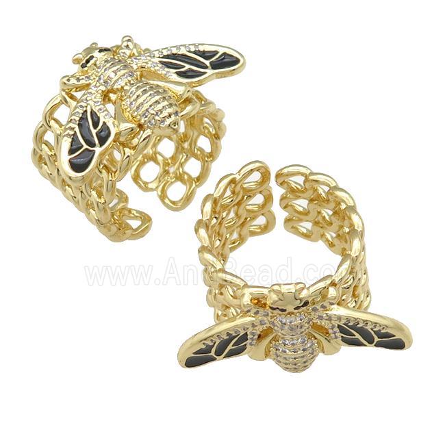 copper Ring paved zircon with black enamel honeybee, gold plated