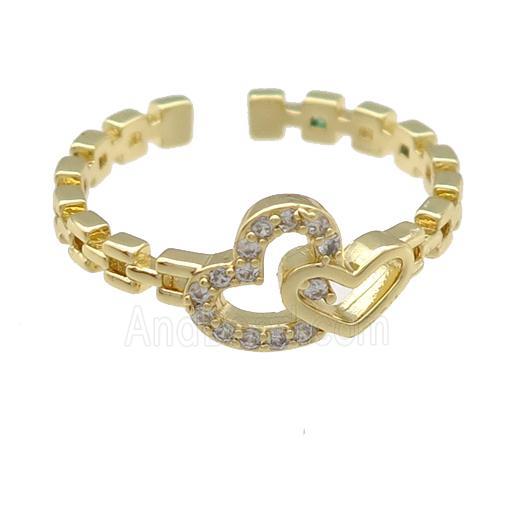 copper Ring paved zircon, heart, gold plated