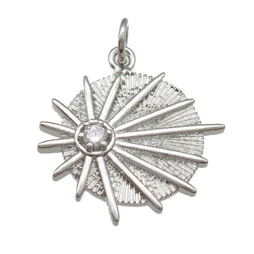copper circle sunburst pendant paved zircon, platinum plated