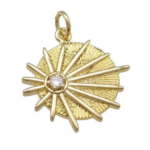 copper circle sunburst pendant paved zircon, gold plated