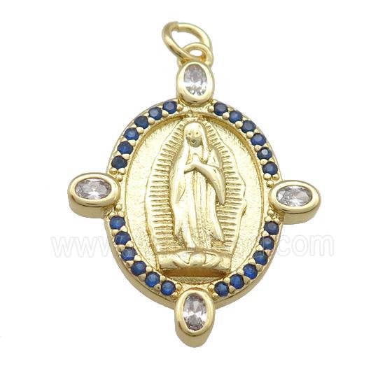 copper Virgin Mary pendant paved blue zircon, gold plated