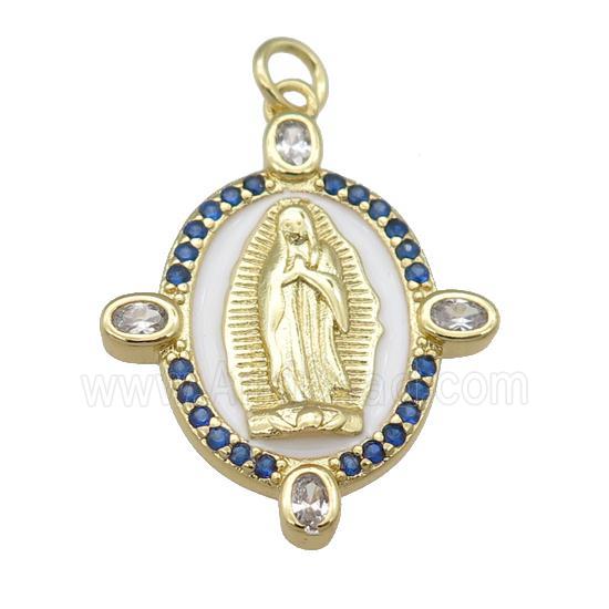 copper Virgin Mary pendant paved blue zircon with white enamel, gold plated