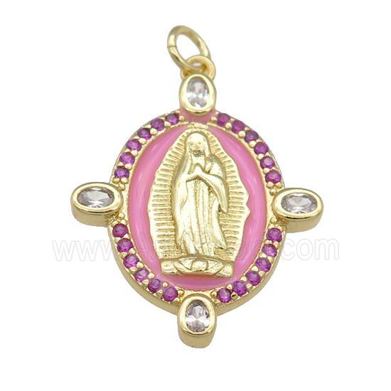 copper Virgin Mary pendant paved hotpink zircon with pink enamel, gold plated