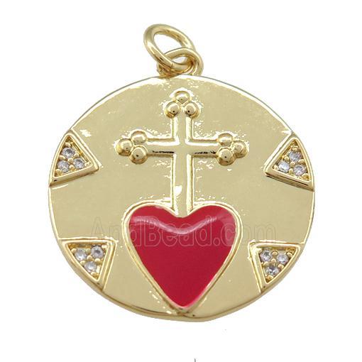 copper circle pendant with cross, red enamel heart, gold plated