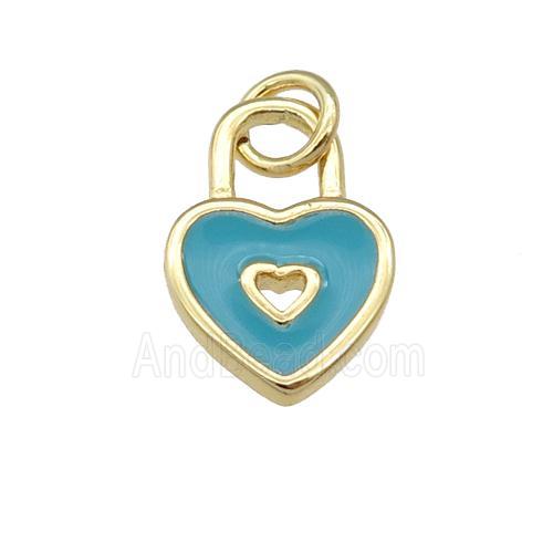copper Heart Lock pendant with teal enamel, gold plated