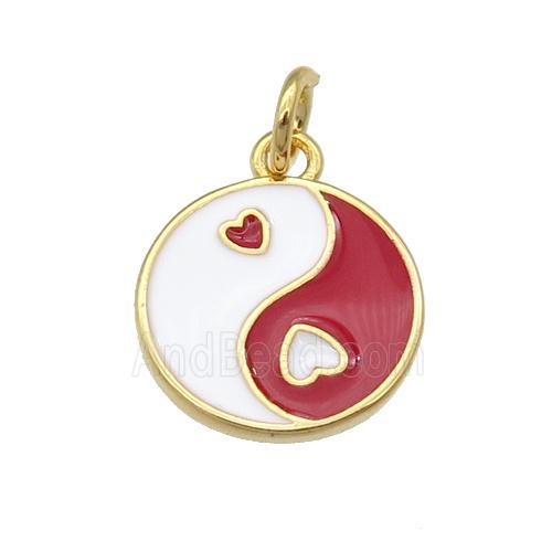 copper Taichi pendant, yinyang, red enamel, gold plated