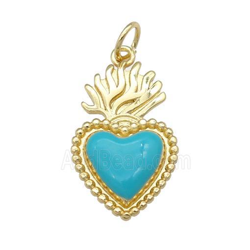 copper Milagro Heart pendant with teal enamel, gold plated