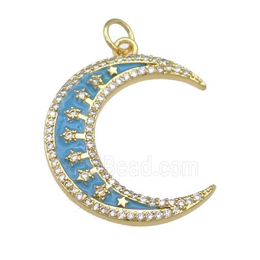 copper crescent Moon pendant paved zircon with teal enamel, gold plated