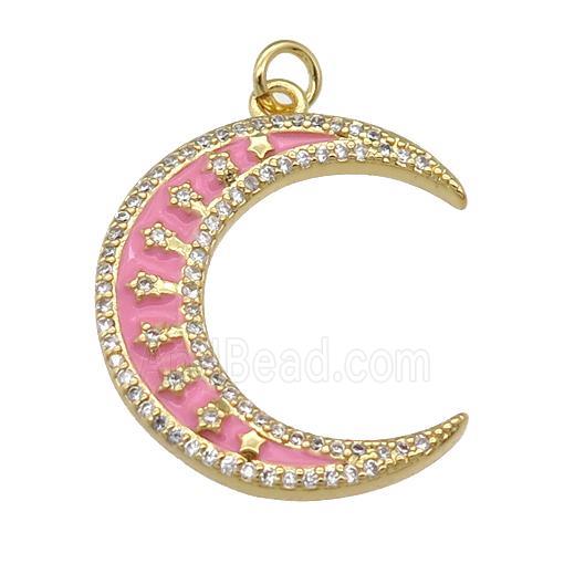 copper crescent Moon pendant paved zircon with pink enamel, gold plated