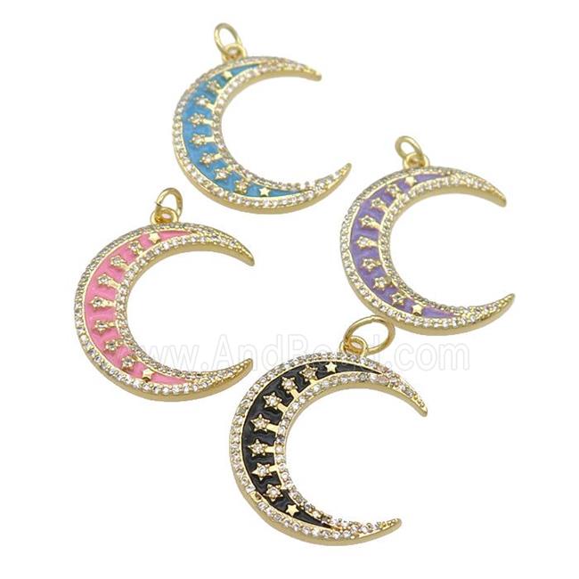 copper crescent Moon pendant paved zircon with enamel, gold plated, mixed
