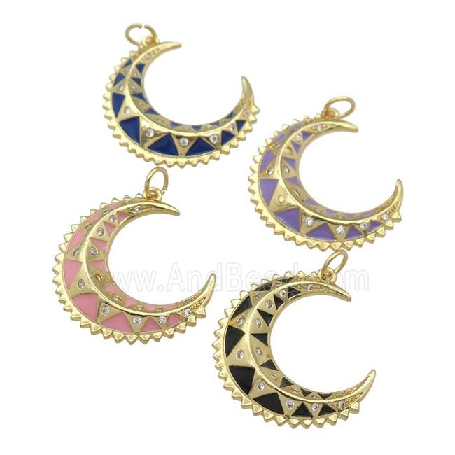 copper crescent Moon pendant with enamel, gold plated, mixed