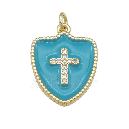 copper Shield Cross pendant paved zircon with teal enamel, gold plated