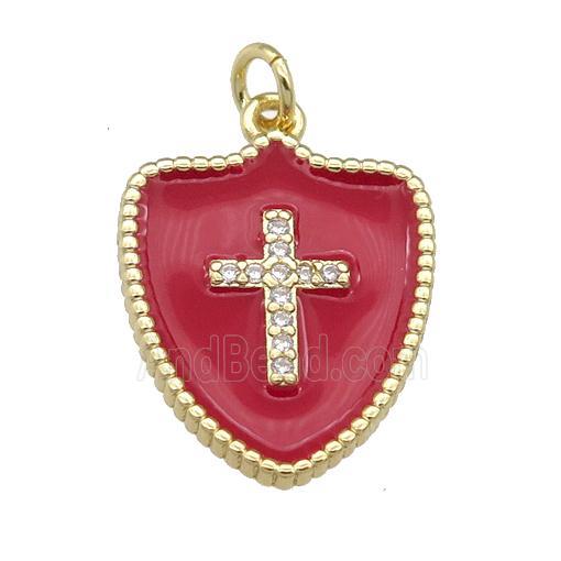 copper Shield Cross pendant paved zircon with red enamel, gold plated