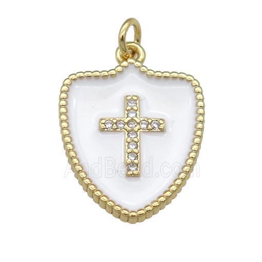 copper Shield Cross pendant paved zircon with white enamel, gold plated