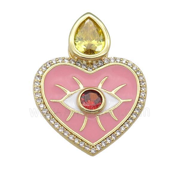copper Heart pendant paved zircon with pink enamel, gold plated