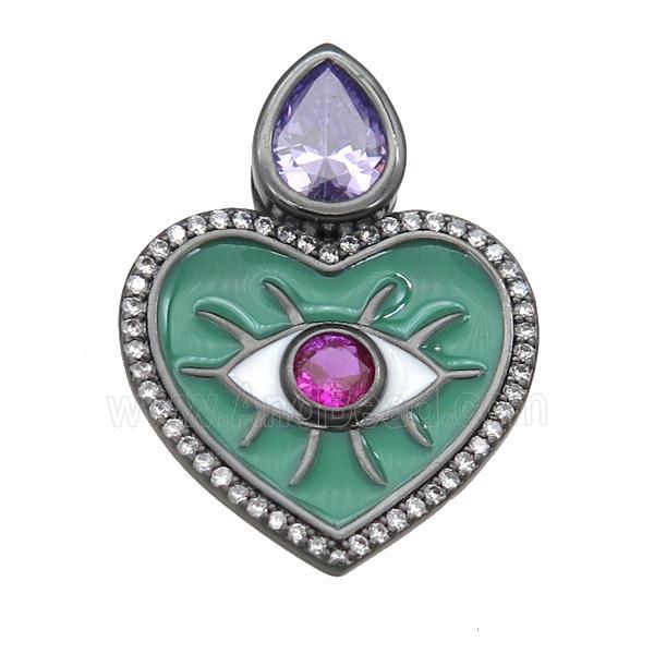 copper Heart pendant paved zircon with green enamel, black plated