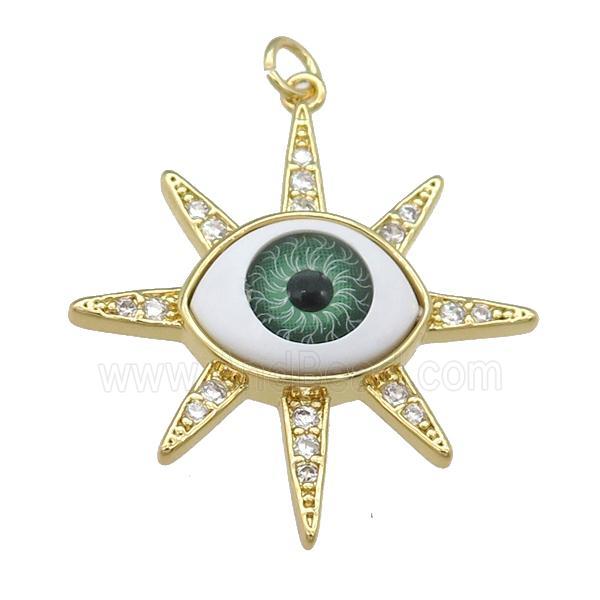 copper pendant paved zircon with green Evil Eye, gold plated