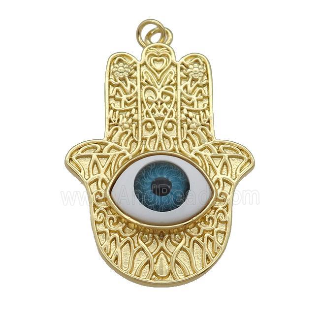 copper hamsahand pendant with blue Evil Eye, gold plated