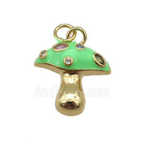 copper mushroom pendant paved zircon with green enamel, gold plated
