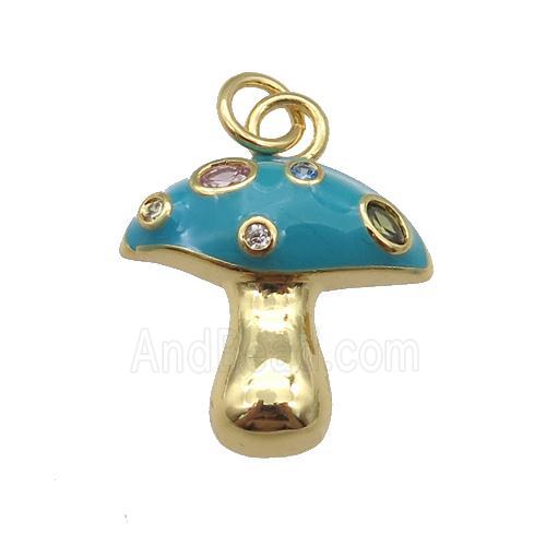 copper mushroom pendant paved zircon with teal enamel, gold plated