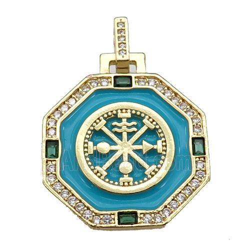 copper Octagon pendant paved zircon with teal enamel, astrology, gold plated