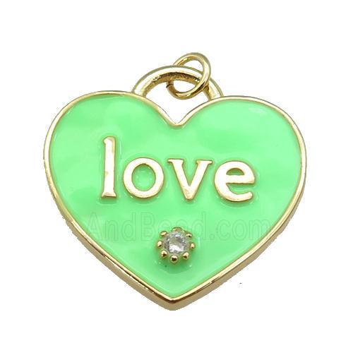 copper Heart pendant paved zircon with green enamel, LOVE, gold plated