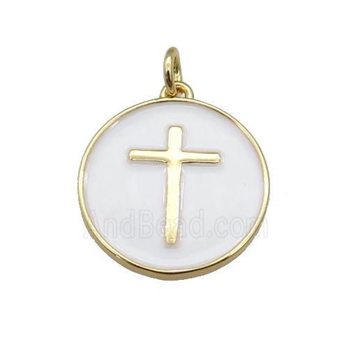 copper Circle pendant with white enamel, cross, gold plated