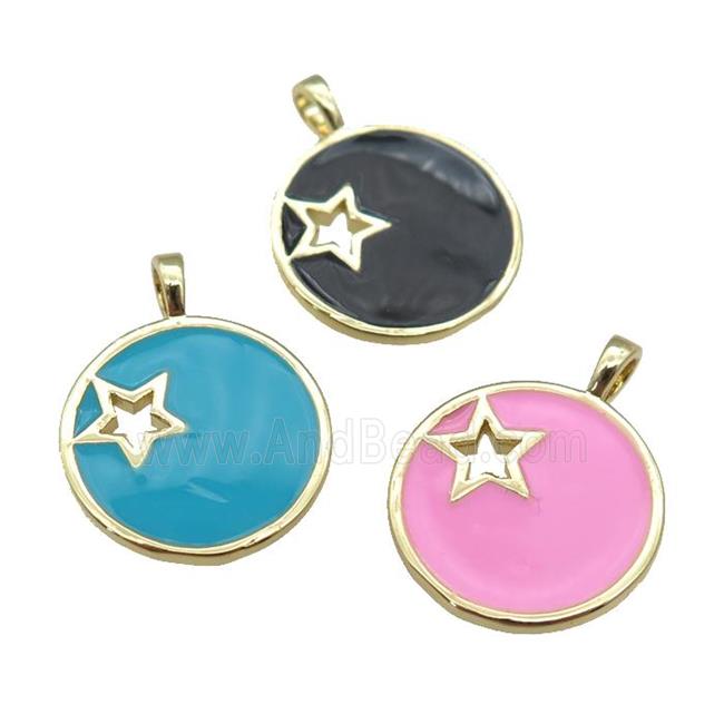 copper Circle pendant with enamel, star, gold plated, mixed