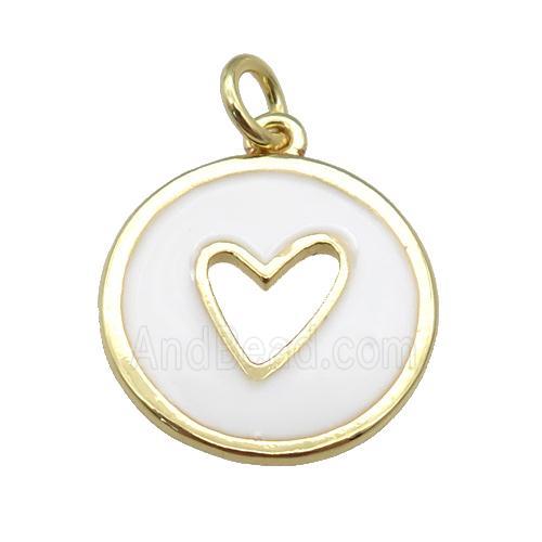 copper Circle pendant with white enamel, heart, gold plated