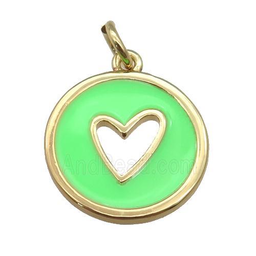 copper Circle pendant with green enamel, heart, gold plated