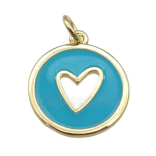 copper Circle pendant with teal enamel, heart, gold plated