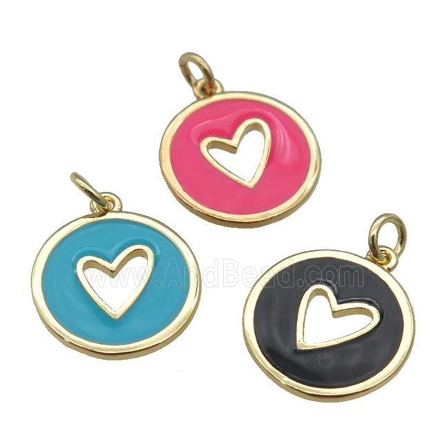 copper Circle pendant with enamel, heart, gold plated, mixed