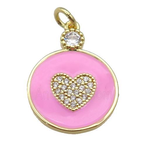 copper Circle pendant paved zircon with pink enamel, heart, gold plated