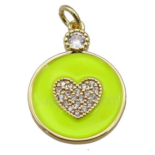 copper Circle pendant paved zircon with yellow enamel, heart, gold plated