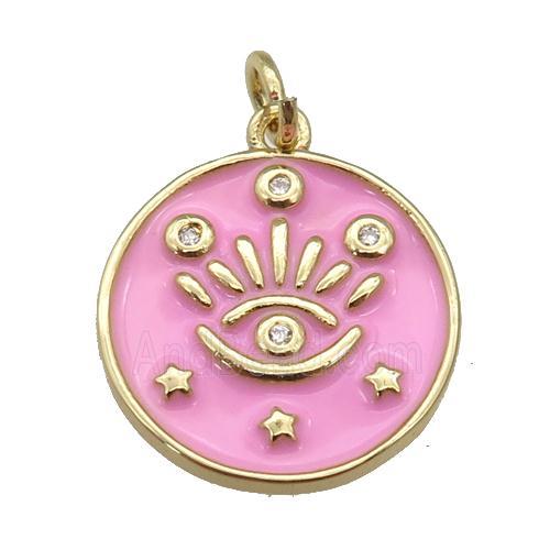 copper Circle pendant with pink enamel, eye, gold plated